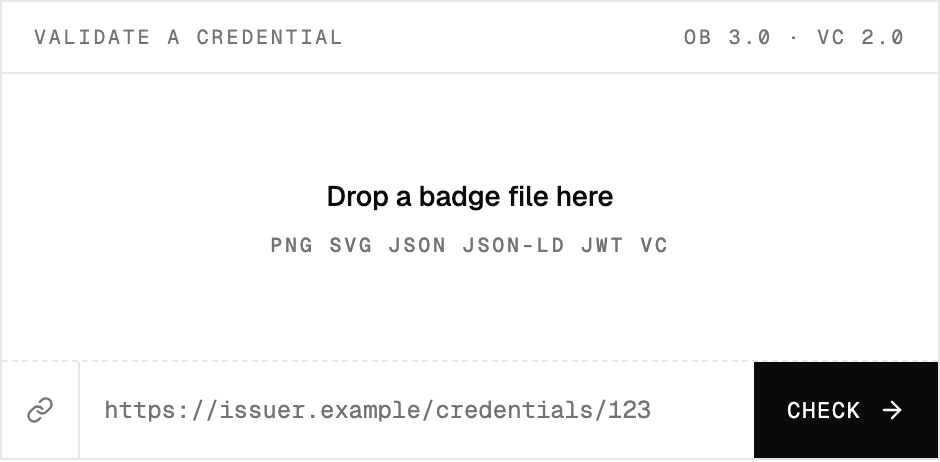 Validator form: file drop area for PNG, SVG, JSON, JSON-LD, JWT, or VC, above a URL field and Check button.